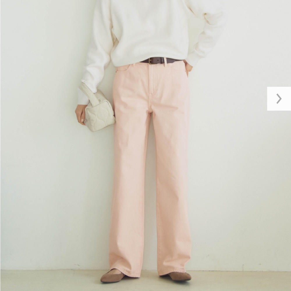 NEW Uniqlo 100% Cotton Wide Straight Jeans Tall High Waist Trousers Cream